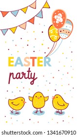 Easter party with balloons, flags and chickens in doodle style on a white background. Easter party childish vector design for postcard, greeting card, posters, invitation