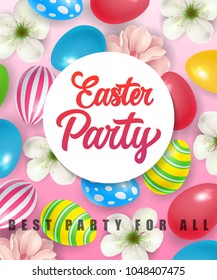 Easter party best party for all lettering with ornate eggs and circle border. Greeting card, postcard, invitation. Easter holiday concept. Can be used for posters, leaflets and brochure