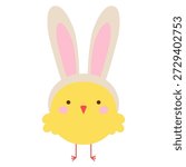 Easter Party Chick. Yellow chick wearing bunny ears. Happy little chick with Easter bunny ears. Easter chick. Vector illustration