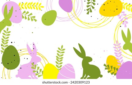 Easter party concept. Easter bunny ears with Easter eggs. Happy Easter background. Vector cute poster for Egg Hunt