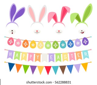 Easter party decoration vector elements. Eggs garland and bunny ears isolated on white background.