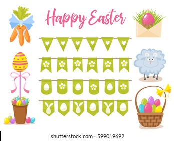 Easter party decoration vector elements.Eggs garland,lamb,basket with eggs,carrots bouquet,letter with easter congratulation and egg tree isolated on white background Cartoon style vector illustration