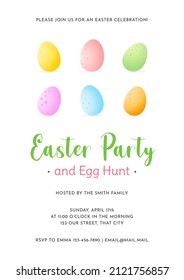 Easter Party and Egg Hunt invitation template. Gentle cartoon illustration with colorful eggs on white background. Vector 10 EPS.