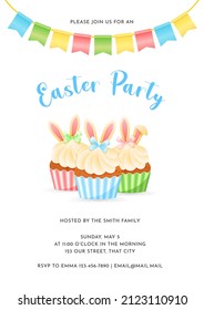 Easter Party and Egg Hunt invitation. Gentle cartoon illustration of cupcake decorated with little chicken, colorful eggs and bunting flags. Vector 10 EPS.