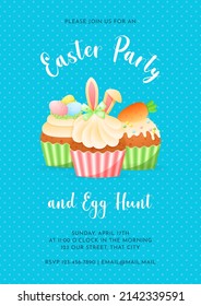 Fiesta de Pascua y invitación a la caza de huevos. Cuta ilustración de los quequitos con decoraciones primaverales. Vector 10 EPS.