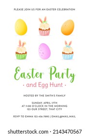 Easter Party and Egg Hunt invitation. Cute cartoon illustration of cupcakes with spring decorations. Vector 10 EPS.