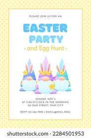 Easter Party and Egg Hunt invitation template. Cute spring background with funny gnomes and dotted frame. Vector 10 EPS.

