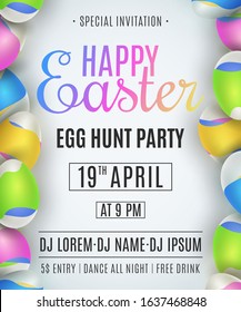Easter party flyer. Egg hunt. Eggs with a pattern of colorful waves. Liquid design. Club invitation. Festive template for your design. Vector illustration. EPS 10