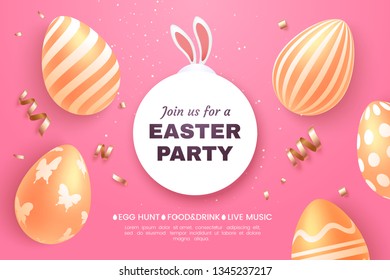 Easter party invitation banner. Composition of golden Easter eggs and confetti on a pink background. Sticking bunny ears. Applicable for greeting card, holiday sale, etc. Vector illustration.