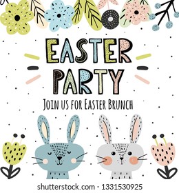 Easter Party invitation with cute bunnies in scandinavian style. Vector illustration