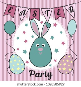 Easter party invitation with a cute rabbit or a hare, painted eggs, flags, balloons and stars. Usable for design, invitation, banner, background, poster. Vector illustration.