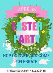 Easter party invitation with Easter egg and rabbits, green grass, flowers, vector illustration