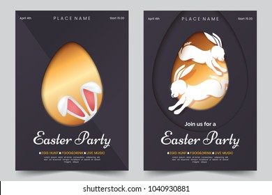 Easter party invitation template. Creative easter greeting cards with golden egg and bunnies in paper cut style. Black, white and gold colors. Vector illustration.