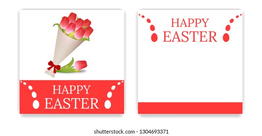 Easter Party Invitations and Greeting Cards with Bouquet of Tulips. Bouquet of Red Tulips in Paper with Red Bow. Easter card. Vector illustration.