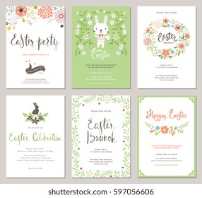 Easter Party Invitations and Greeting Cards with eggs, flowers, floral wreath, rabbit and typographic design on the textured background. Vector templates set.