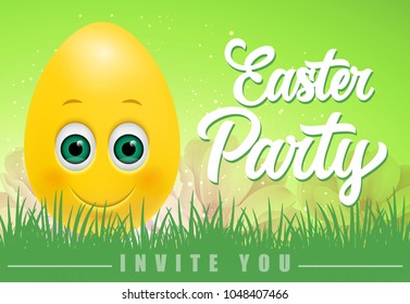 Easter party invite you lettering with carton egg in grass and sparkles on green background. Greeting card, postcard, invitation. Easter holiday concept. Can be used for posters, leaflets and brochure
