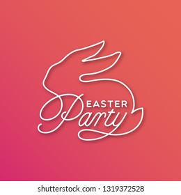 Easter Party linear lettering with sitting bunny silhouette for card, invitation, poster, banner template. Vector illustration.