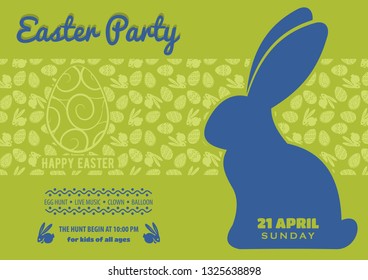 Easter Party poster or invitation design with eggs and cute bunny. Vector illustration.