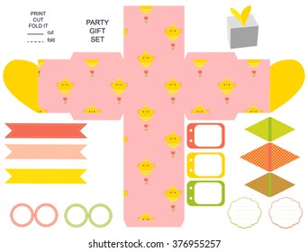 Easter Party set. Gift box template. Empty labels and cupcake toppers and food tags.  Easter pattern with chicken.