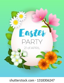 Easter Party, twenty first of April lettering on egg shaped frame with flowers. Easter party invitation. Handwritten and typed text, calligraphy. For posters, banners, leaflets and brochures.