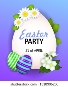 Easter Party, twenty first of April lettering with painted eggs and flowers. Easter party invitation. Handwritten and typed text, calligraphy. For posters, invitations, leaflets and brochures.