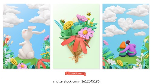 Easter, Pascha. Easter bunny, bouquet of wildflowers, couple in love. Spring stories plasticine art. 3d vector greeting card set