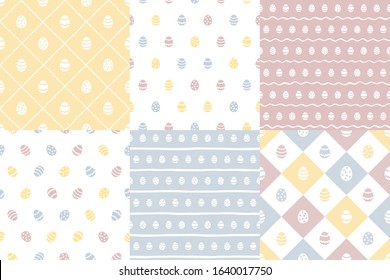 Easter, Paschal eggs regular seamless colorful patterns collection, set. Tiny painted cute egg shapes with stripes, square rhombus check, plaid, wavy doodle hand drawn streaks, geometric lines texture