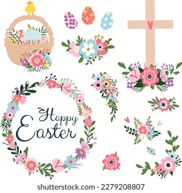 Easter paschal icons of holy crucifix cross with Christ shroud, paschal egg, and cake, text, and flowers. He rises, Happy Easter religion holiday greetings in wreath vector isolated symbols set