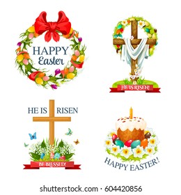 Easter paschal icons of holy crucifix cross with Christ shroud, paschal egg and cake with candle. He is risen, Happy Easter religion holiday greetings in ribbon wreath vector isolated symbols set