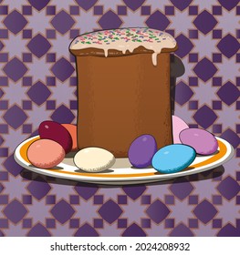 Easter, paska with painted eggs, Easter still life. Vector.