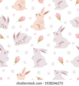 Easter pastel kids seamless pattern, boho easter baby rabbit or bunny digital paper, cartoon spring floral endless background for nursery textile, scrapbooking, wrapping paper, wallpaper