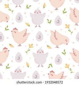 Easter pastel kids seamless pattern, boho easter baby chicken bird and eggs digital paper, cartoon spring endless background for nursery textile, scrapbooking, wrapping paper, wallpaper