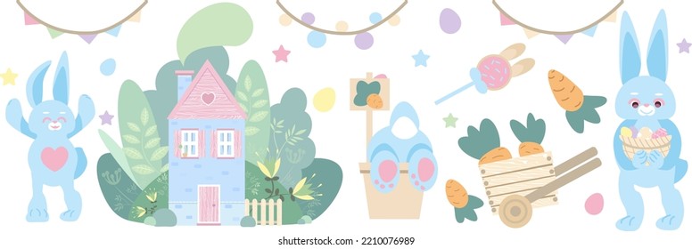 easter pastel set with cute characters bunny, cute house, candy, carrots vector isolated