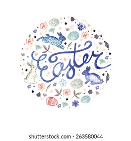 Easter pastel watercolor greeting card.  Vector illustration. Watercolor painting. Easter template. Floral motifs and traditional Easter symbols.