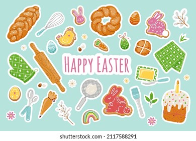 Easter pastries stickers set with kitchen utensils, traditional baked good, hot buns, dessert,colored eggs with colorful sweet decorated gingerbread cookies.Vector flat illustration.