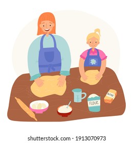 Easter pastry baking banner. Mother teaches her little daughter to bake and shows how to beat dough. Ingredients like butter, flour, eggs, sugar in bowl, rolling pin and measuring beaker lies on table