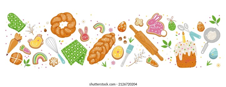 Easter pastry banner.Elements of traditional baking,sweet easter bread and braid,cakes,painted eggs and kitchen utensils with spring decorations.Frame pattern in long format.Vector flat illustration.