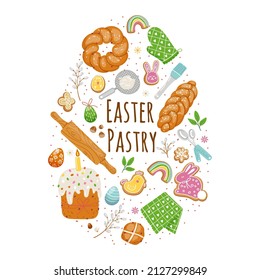 Easter pastry elements in egg form.Traditional baking,sweet easter bread and braid,cakes, painted eggs and kitchen utensils with spring decoration.Homemade food for holidays.Vector flat illustration
