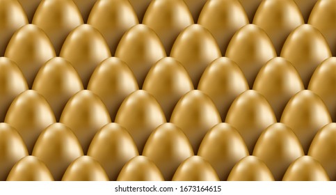 Easter pattern with 3d golden eggs. Vector illustration. Gold abstract pattern. Background for greeting card or invitation template