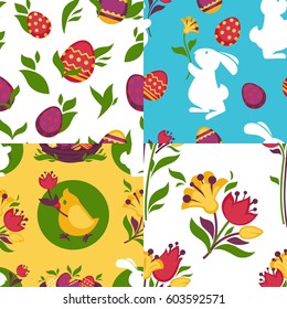 Easter pattern backgrounds set of paschal eggs in wicker basket, bunny rabbit and chicken chick with spring flowers. Vector seamless design for holiday greeting