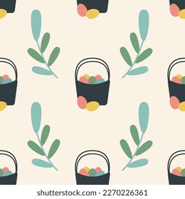 Easter Pattern with basket of eggs, egg hunt, spring surface pattern, for wrapping, for textile, for fabric, for print