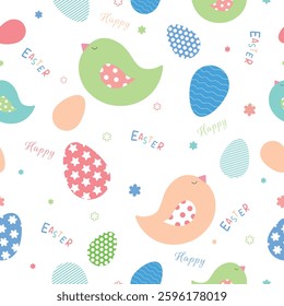 Easter pattern with birds and colored eggs on a white background. Vector illustration