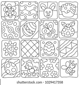 Easter pattern. Black and white vector collection of holiday icons with flowers, eggs and other objects 