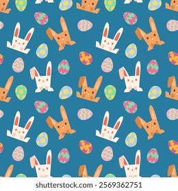 Easter pattern. Blue and colorful pastel design with bunnies and eggs. Bunnies are sitting and standing, scattered colorful eggs. Ideal for festive backgrounds, prints, and decorations.