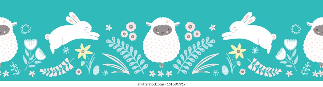 Easter pattern border. Cute bunny, egg, lamb and floral vector seamless repeat design.