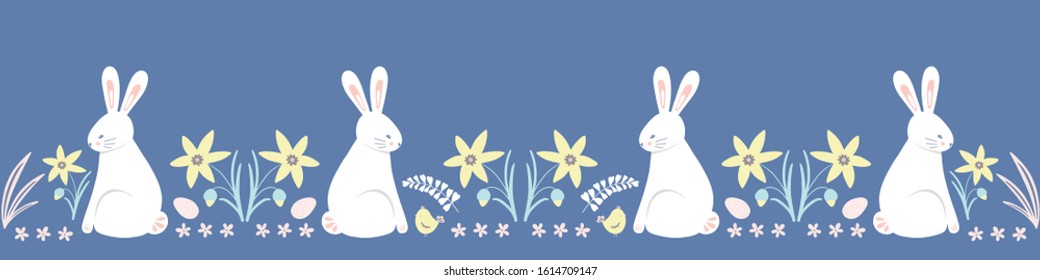 Easter pattern border. Cute Spring bunny, chick, egg and daffodil vector seamless repeat design.