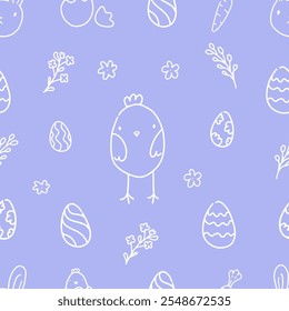 Easter Pattern with Bunnies, Eggs, and Chicks on Lilac Background. Hand Drawn Easter Ornament. 