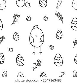 Easter Pattern with Bunnies, Eggs, and Chicks on White Background. Hand Drawn Easter Ornament. 