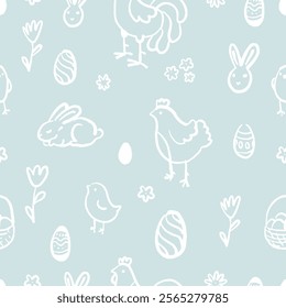 Easter Pattern with Bunnies, Eggs, and Chicks on Blue Background. Hand Drawn Easter Ornament. 