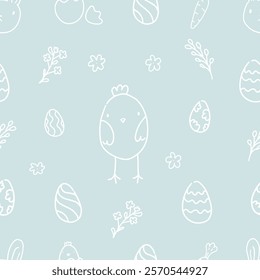 Easter Pattern with Bunnies, Eggs, and Chicks on Soft Blue Background. Hand Drawn Easter Ornament. 